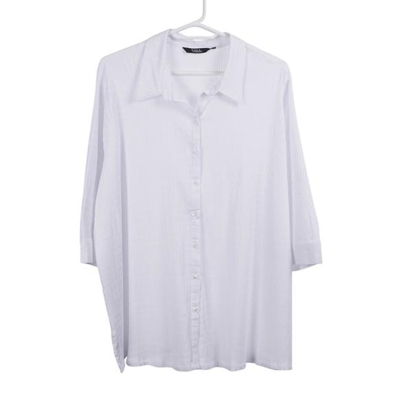 ULLA POPKEN Women Top 28/30 White Crinkle Cotton Blend 3/4 Sleeve Button Up - Picture 1 of 9